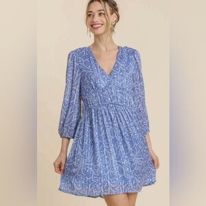 Umgee Blue Paisley Long Sleeve Dress